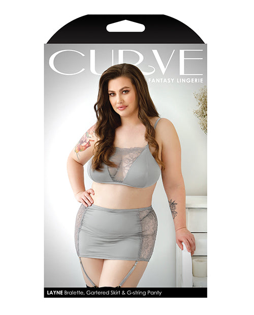 Curve Layne Lace &amp; Microfiber Bralette w/Garter Skirt &amp; G-String Gray 3X/4X