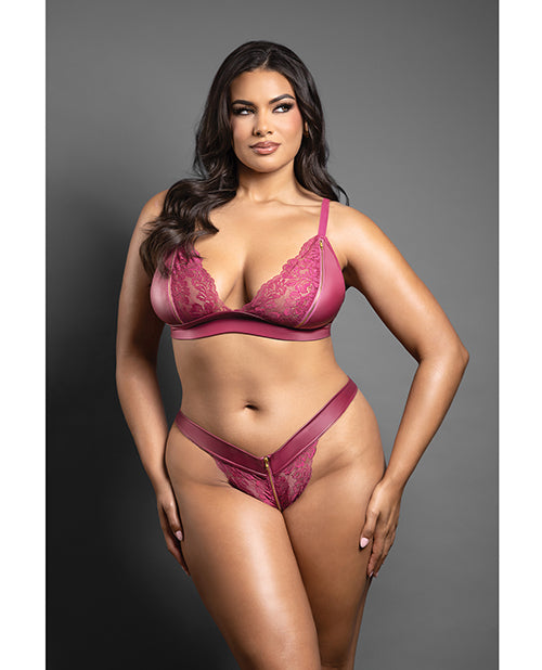 Domina Lace Bralette &amp; Panty in Leatherette w/Zipper Detail - Berry QN