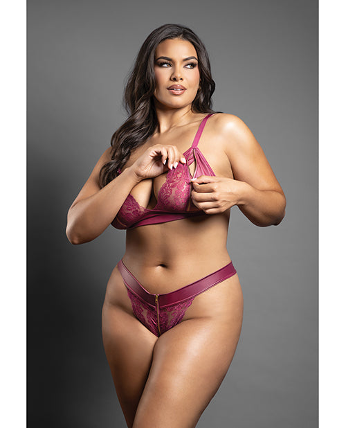 Domina Lace Bralette &amp; Panty in Leatherette w/Zipper Detail - Berry QN