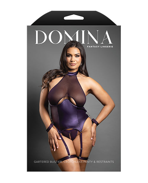 Domina Mesh Gartered Bustier &amp; Crotchless panty Set w/Restraints - Purple QN