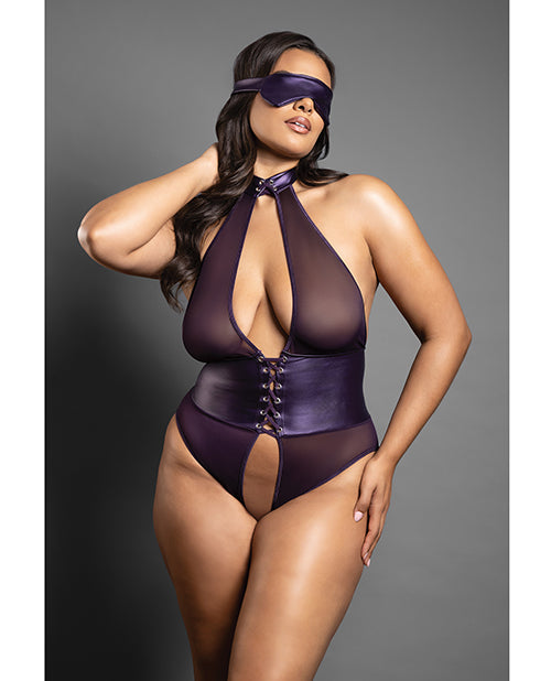 Domina Open Halter Teddy in Mesh &amp; Leatherette w/Matching Blindfold - Purple QN