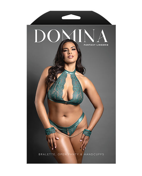 Domina Lace Bralette &amp; Open Panty w/Detachable Chain-Link Handcuffs - Green QN
