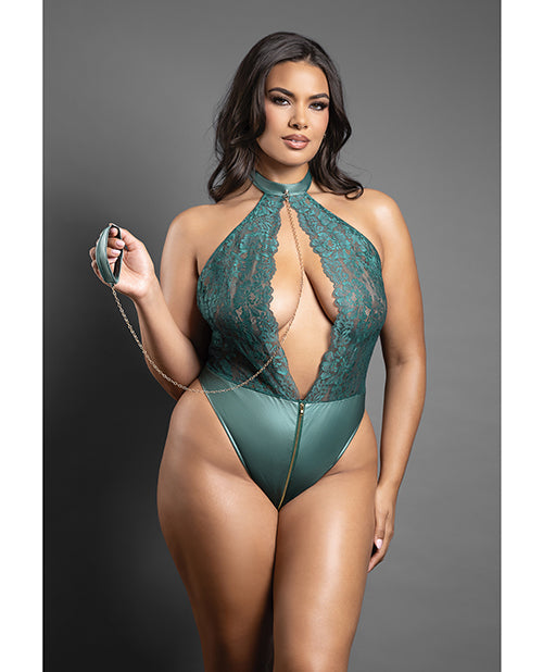 Domina Lace Halter Teddy w/Zipper Detail &amp; Detachable Chain-Link Leash - Green QN