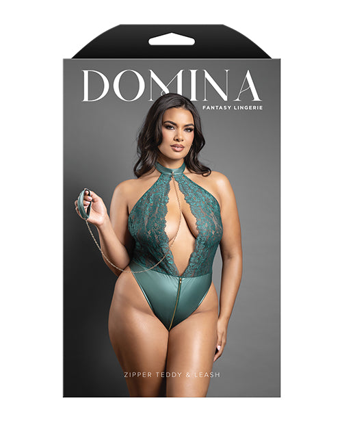Domina Lace Halter Teddy w/Zipper Detail &amp; Detachable Chain-Link Leash - Green QN