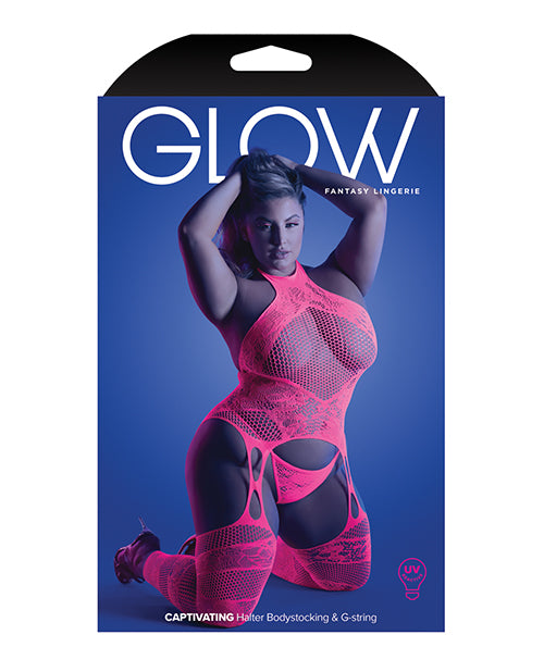 Glow Captivating Halter Bodystocking &amp; G-String Neon Pink QN