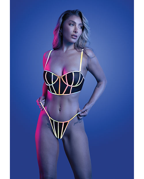 Solar Flare Flash Reflective Binding Underwire Bra &amp; Thong - Black L/XL