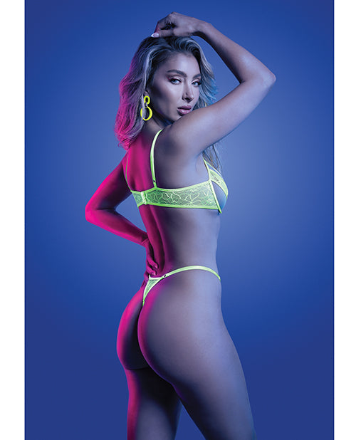 Mind Control UV Reactive Lace and Mesh Underwire Bra &amp; Thong - Neon Green L/XL