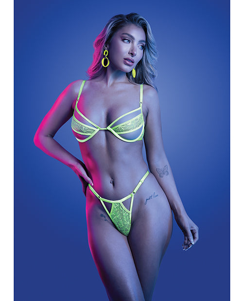 Mind Control UV Reactive Lace and Mesh Underwire Bra &amp; Thong - Neon Green S/M