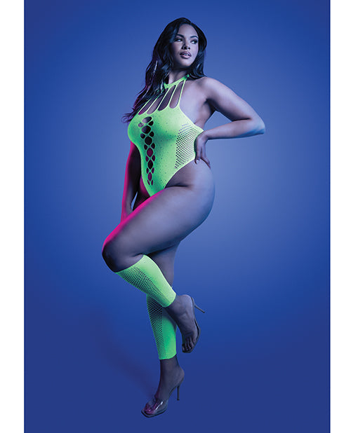 Pressure Point UV Reactive Rhinestone Studded Teddy &amp; Gloves/Leg Warmers 2 pc Set - Neon Green QN