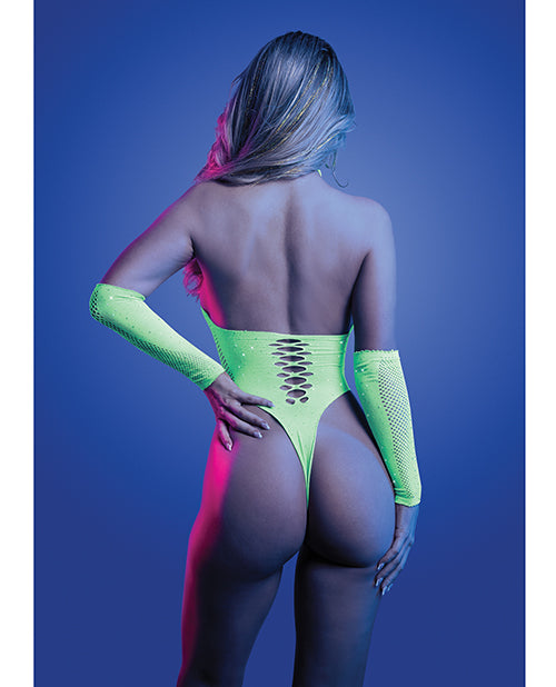 Pressure Point UV Reactive Rhinestone Studded Teddy &amp; Gloves/Leg Warmers 2 pc Set - Neon Green O/S
