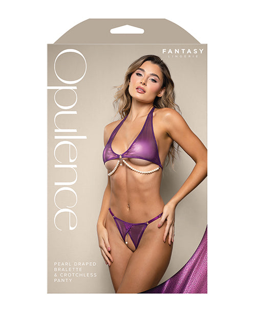 Opulence Shimmer Mesh Halter Top &amp; Panty w/Pearl Details - Purple S/M