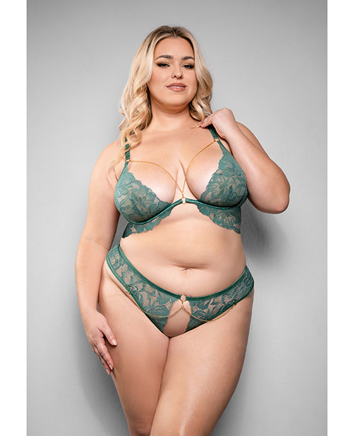 Temptress Aerin Lace Bra w/Removable Chain &amp; Panty 2 pc Set - Green 3X/4X