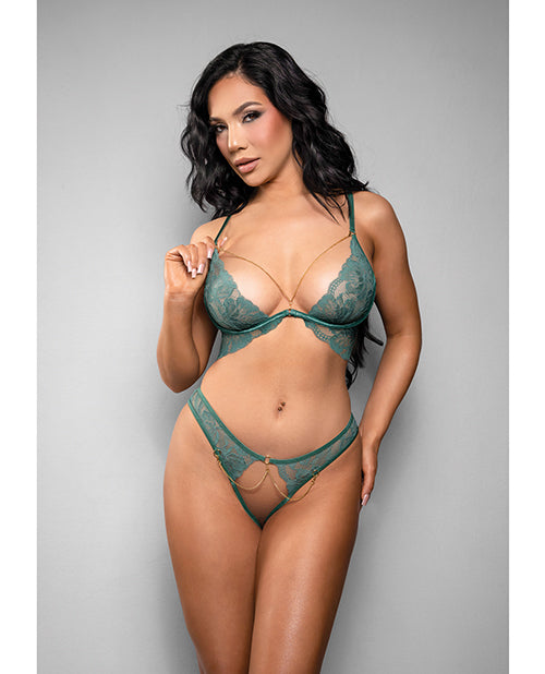 Temptress Aerin Lace Bra w/Removable Chain &amp; Panty 2 pc Set - Green M/L