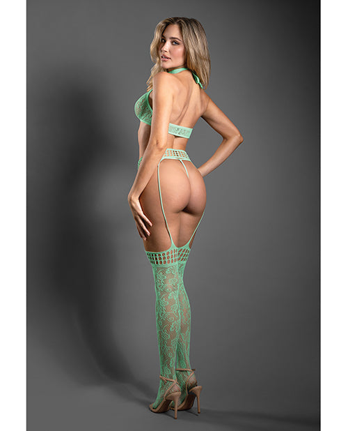 Sheer Heart Of Glass Lace Knit Halter Top w/G-String &amp; Gartered Stockings 3 pc Set - Mint O/S