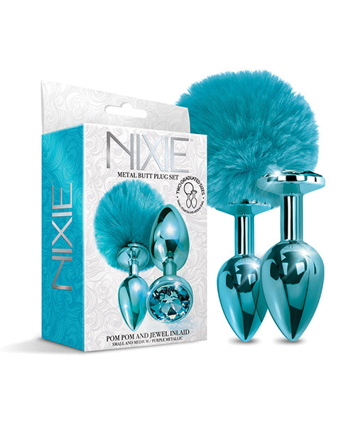 Nixie Metal Butt Plug Set w/Jewel Inlaid &amp; Pom Pom - Blue Metallic