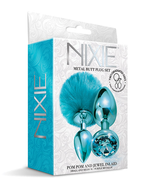 Nixie Metal Butt Plug Set w/Jewel Inlaid &amp; Pom Pom - Blue Metallic