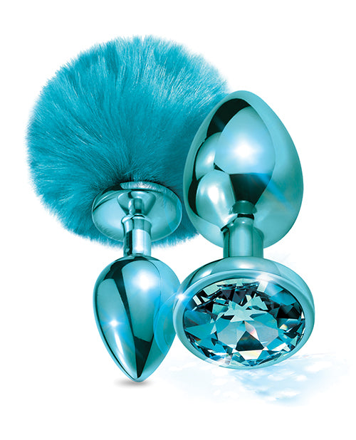 Nixie Metal Butt Plug Set w/Jewel Inlaid &amp; Pom Pom - Blue Metallic