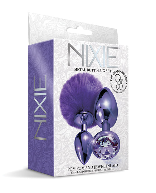 Nixie Metal Butt Plug Set w/Jewel Inlaid &amp; Pom Pom - Purple Metallic