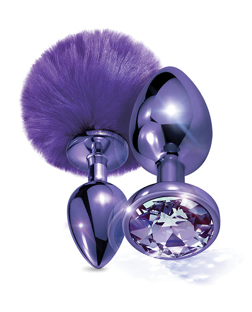 Nixie Metal Butt Plug Set w/Jewel Inlaid &amp; Pom Pom - Purple Metallic