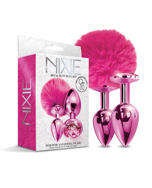 Nixie Metal Butt Plug Set w/Jewel Inlaid &amp; Pom Pom - Pink Metallic