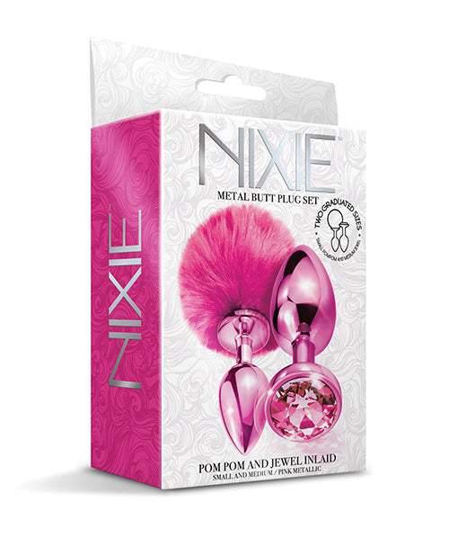 Nixie Metal Butt Plug Set w/Jewel Inlaid &amp; Pom Pom - Pink Metallic