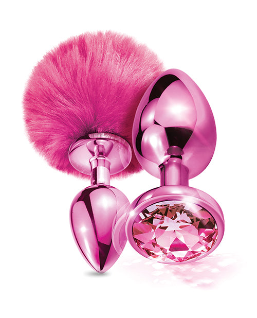Nixie Metal Butt Plug Set w/Jewel Inlaid &amp; Pom Pom - Pink Metallic