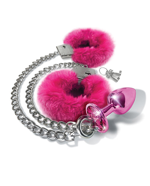 Nixie Metal Butt Plug w/Inlaid Jewel &amp; Fur Cuff Set - Pink Metallic