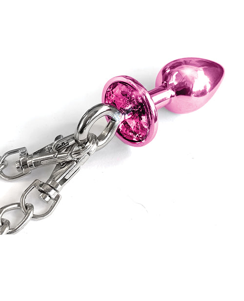 Nixie Metal Butt Plug w/Inlaid Jewel &amp; Fur Cuff Set - Pink Metallic