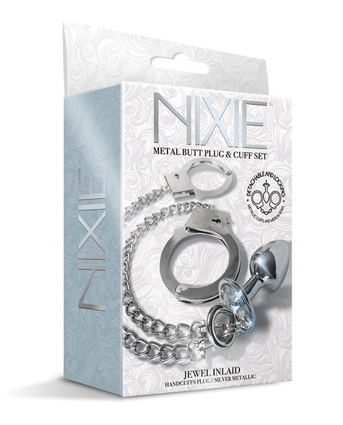 Nixie Metal Butt Plug w/Inlaid Jewel &amp; Fur Cuff Set - Silver Metallic