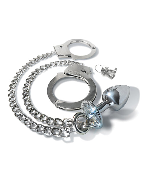 Nixie Metal Butt Plug w/Inlaid Jewel &amp; Fur Cuff Set - Silver Metallic
