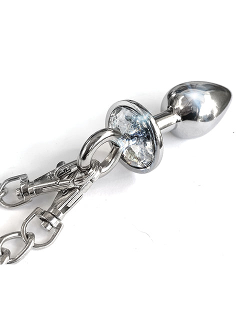 Nixie Metal Butt Plug w/Inlaid Jewel &amp; Fur Cuff Set - Silver Metallic