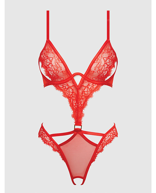 Nadia Lace &amp; Mesh Cutout Teddy - Grenadine Dark Orange MD