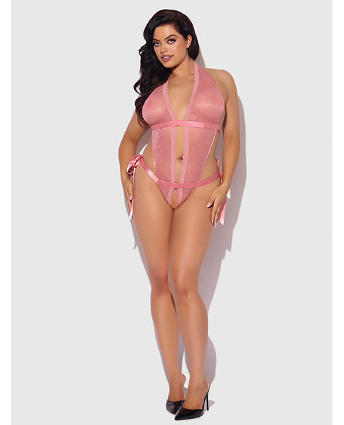 Kiki Lace &amp; Satin Drop Off Teddy - Rose 1X/2X