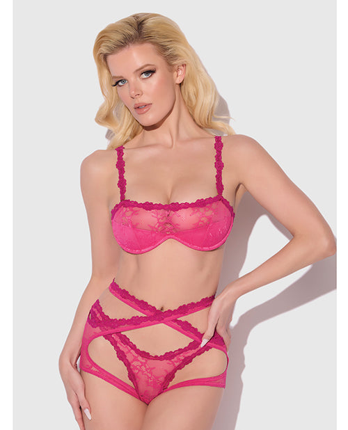 Yvone Lace Bra w/Removable Straps, Garter &amp; Tanga Panty 3 pc Set - Pink XL