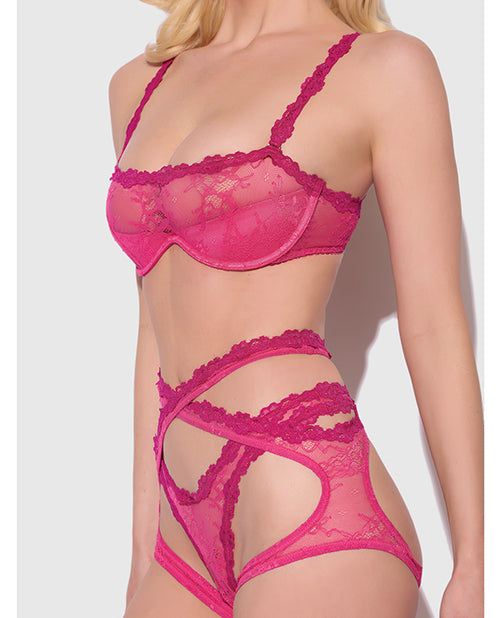 Yvone Lace Bra w/Removable Straps, Garter &amp; Tanga Panty 3 pc Set - Pink XL