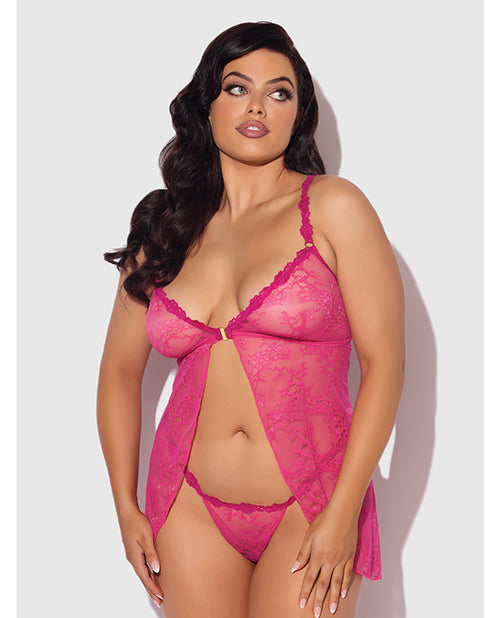 Yvone Lace Babydoll w/Front Closure &amp; G-String 2 pc Set - Pink 1X/2X