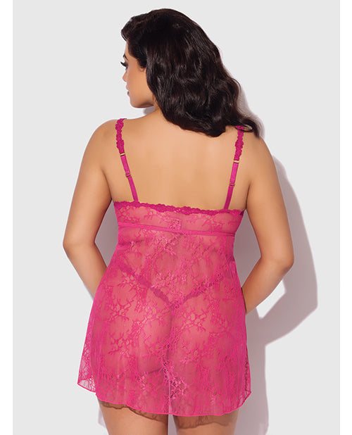Yvone Lace Babydoll w/Front Closure &amp; G-String 2 pc Set - Pink 1X/2X