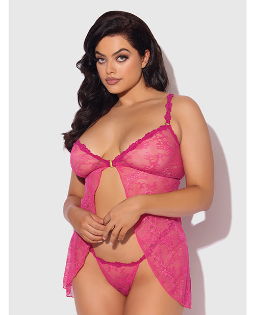 Yvone Lace Babydoll w/Front Closure &amp; G-String 2 pc Set - Pink 3X/4X