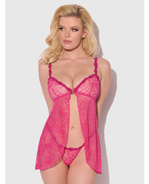 Yvone Lace Babydoll w/Front Closure &amp; G-String 2 pc Set - Pink LG