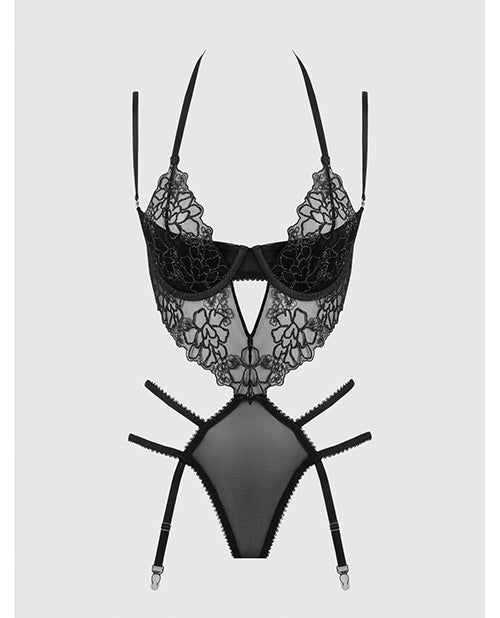 Eden Embroidered Lace &amp; Mesh Teddy w/Garters - Black SM