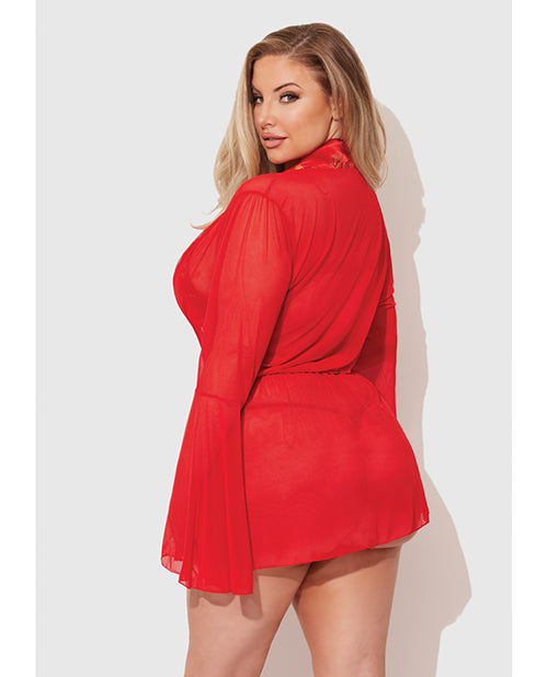 Dragon Sheer Mesh Robe w/Satin Triangle Top &amp; G-String 3 pc Set - Red 1X/2X