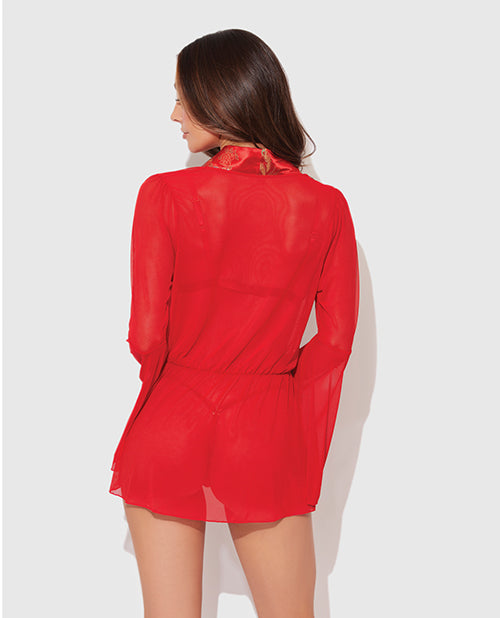 Dragon Sheer Mesh Robe w/Satin Triangle Top &amp; G-String 3 pc Set - Red MD