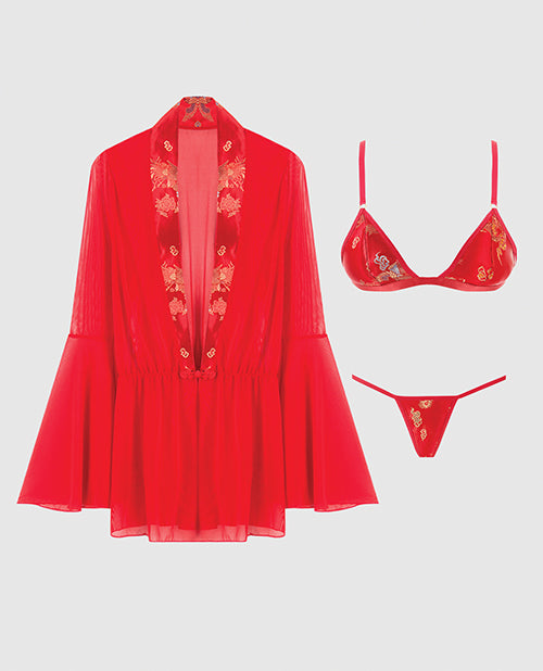 Dragon Sheer Mesh Robe w/Satin Triangle Top &amp; G-String 3 pc Set - Red MD