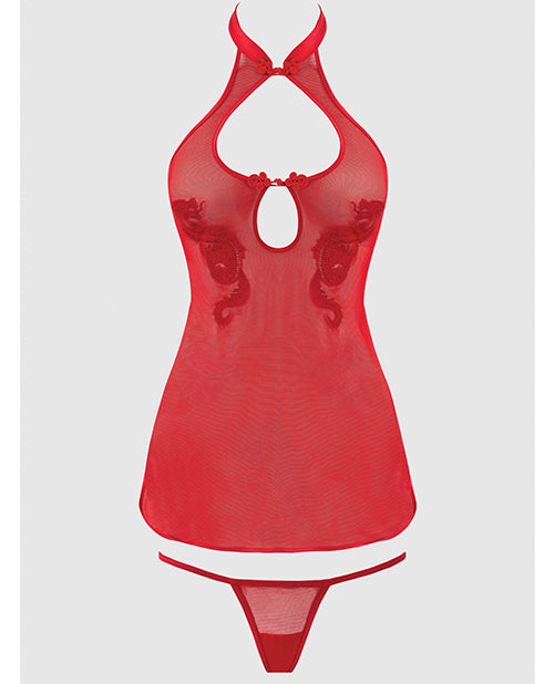 Dragon Mesh &amp; Applique Chemise w/G-String 2 pc Set - Red MD