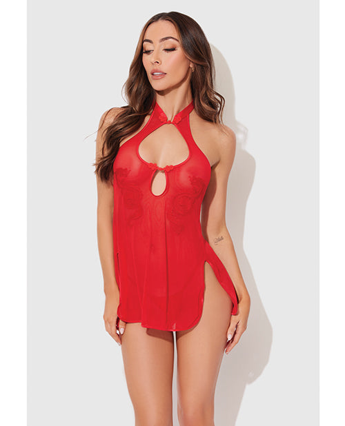 Dragon Mesh &amp; Applique Chemise w/G-String 2 pc Set - Red XL