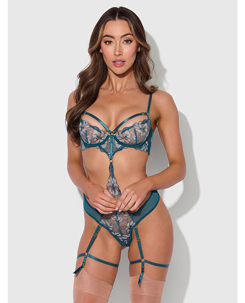 Nova Lace Teddy w/Garters - Jade Blue SM