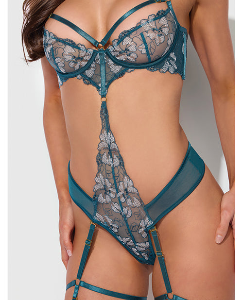 Nova Lace Teddy w/Garters - Jade Blue SM