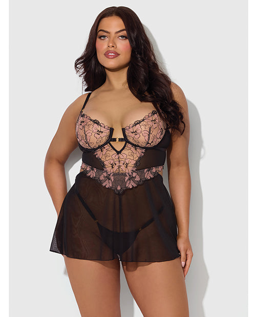 Nova Lace &amp; Mesh Babydoll w/G-String 2 pc Set - Black 3X/4X