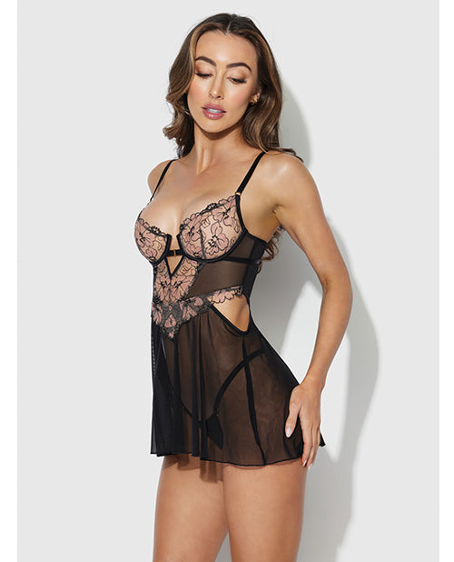 Nova Lace &amp; Mesh Babydoll w/G-String 2 pc Set - Black LG