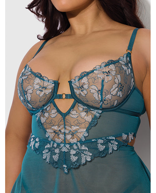 Nova Lace &amp; Mesh Babydoll w/G-String 2 pc Set - Jade Blue 1X/2X